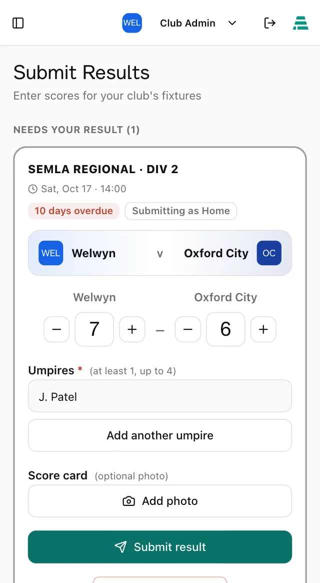 Welwyn’s club admin entering a 7–6 result and the umpire on a phone